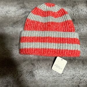 Free People Red/Gray Striped Thermal Beanie, One Size (v)